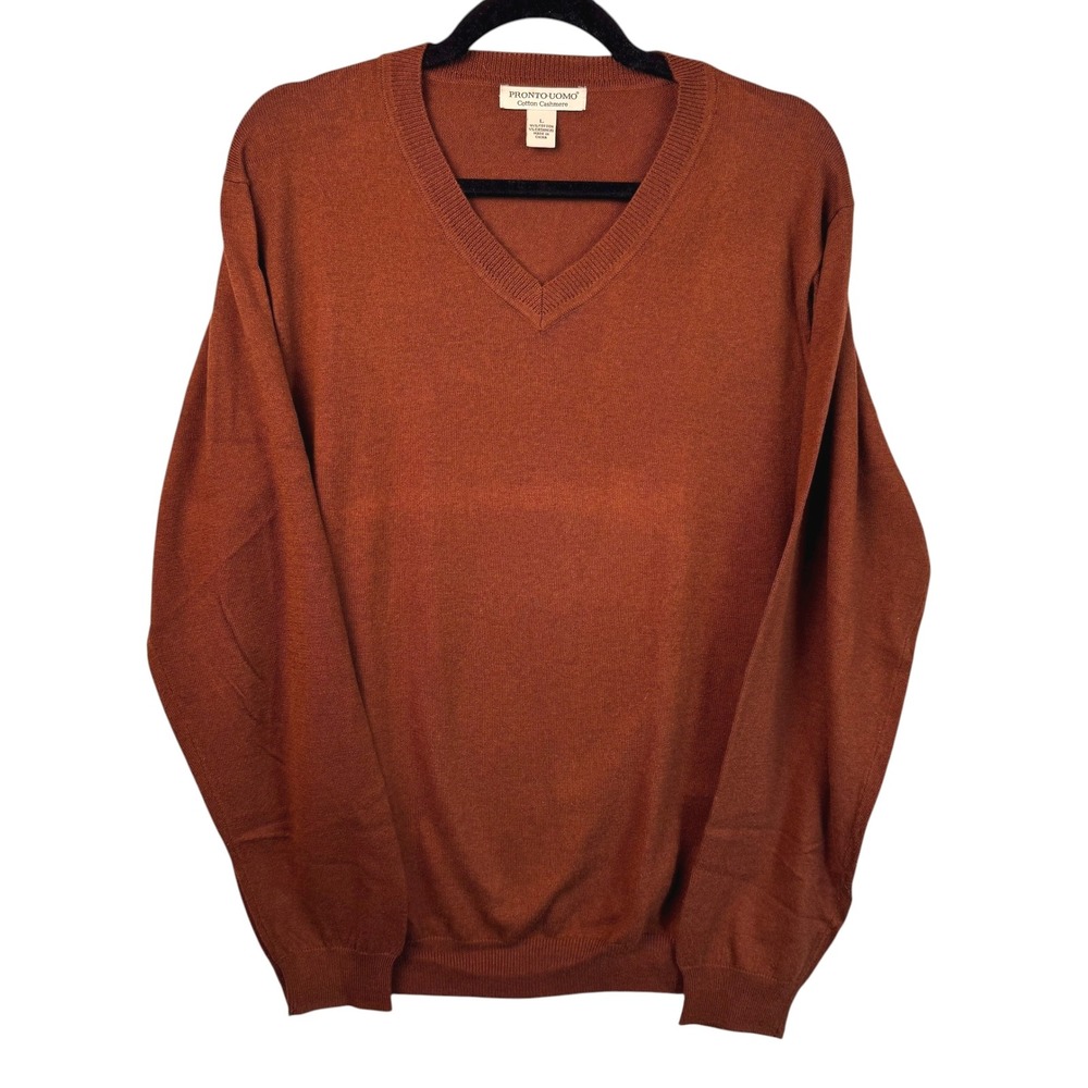 PRONTO‎ UOMO Sweater Men's L Brown Cotton Cashmere V-Neck Long Sleeve
